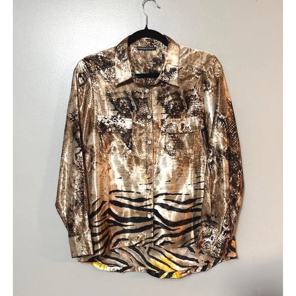 Madison Paige Metallic Animal Print Button-Up Shirt M - Picture 1 of 7